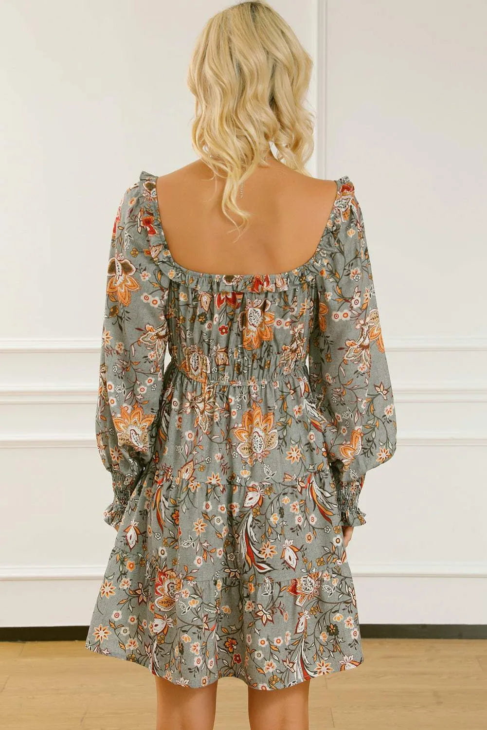 Printed Smocked Lantern Sleeve Tiered Dress Casual Dresses - Tophatter Daily Deals